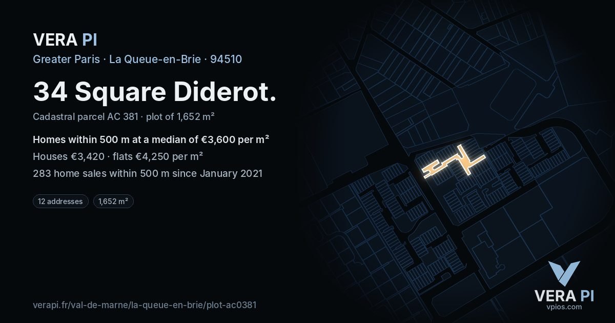 34 Square Diderot, La Queue-en-Brie at night – the plot lit, the parcels around coloured by the prices near them