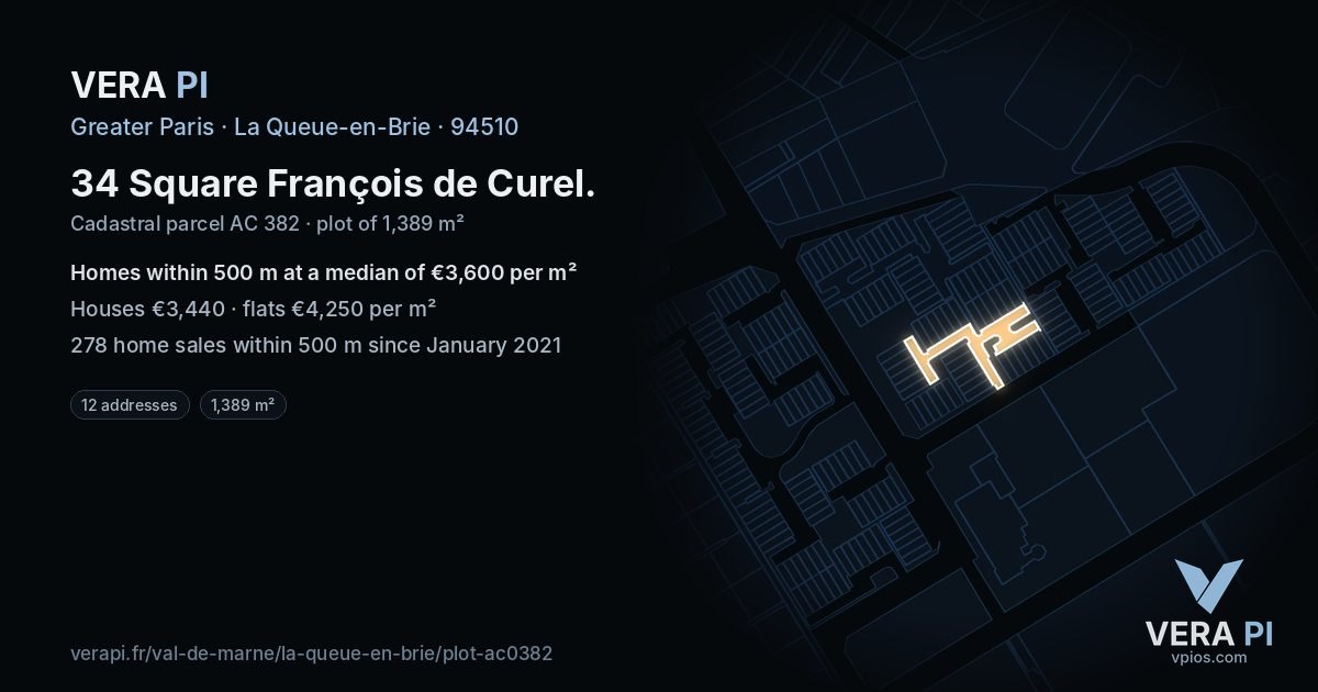 34 Square François de Curel, La Queue-en-Brie at night – the plot lit, the parcels around coloured by the prices near them