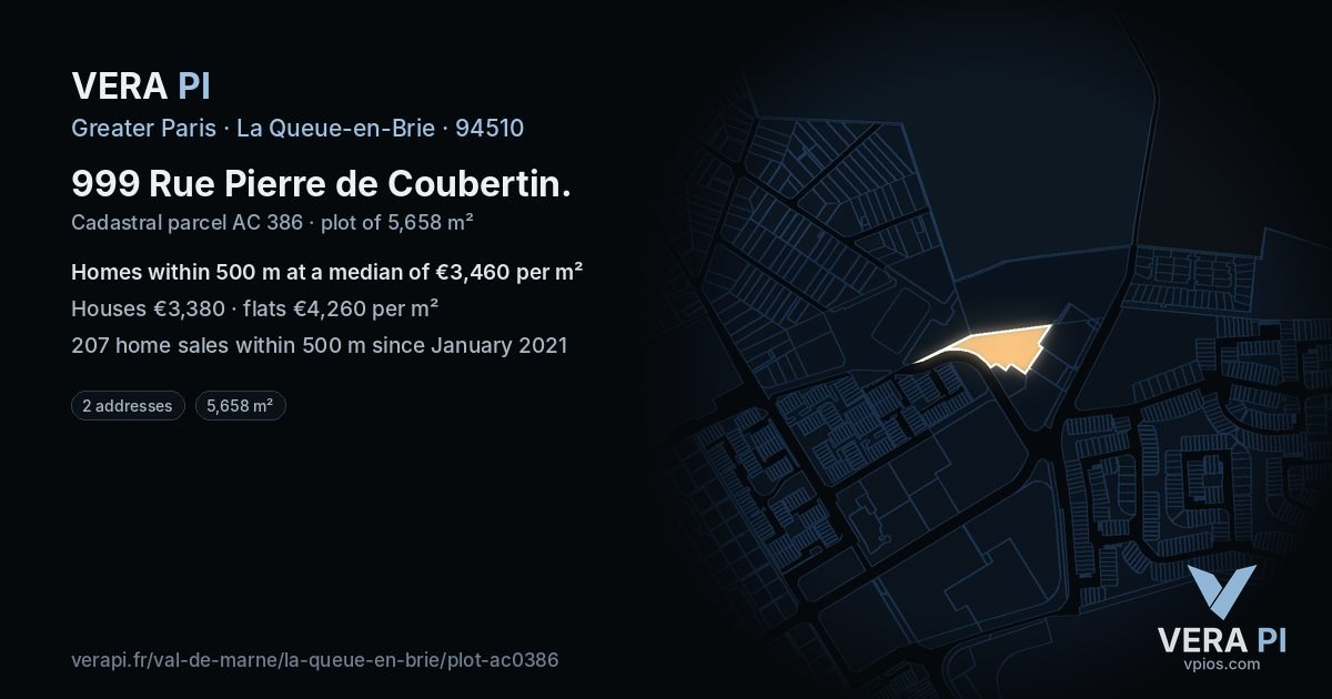 999 Rue Pierre de Coubertin, La Queue-en-Brie at night – the plot lit, the parcels around coloured by the prices near them