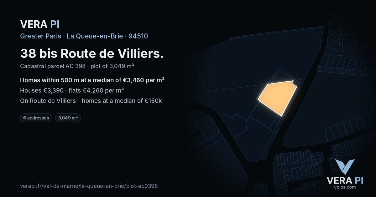 38 bis Route de Villiers, La Queue-en-Brie at night – the plot lit, the parcels around coloured by the prices near them