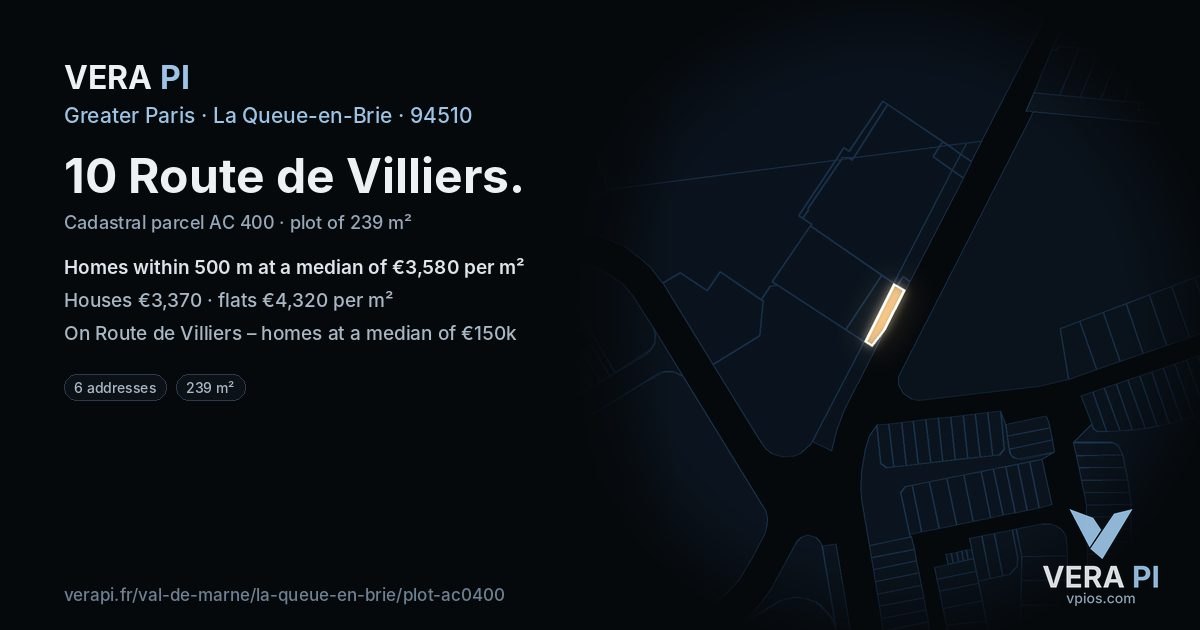 10 Route de Villiers, La Queue-en-Brie at night – the plot lit, the parcels around coloured by the prices near them