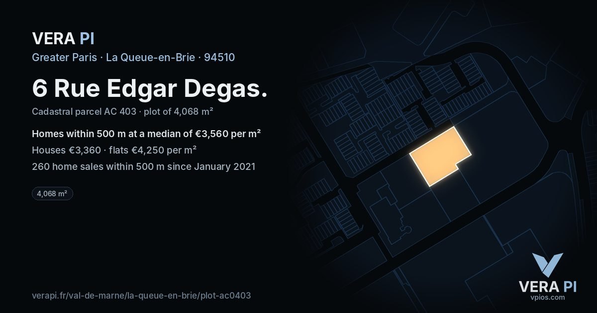 6 Rue Edgar Degas, La Queue-en-Brie at night – the plot lit, the parcels around coloured by the prices near them