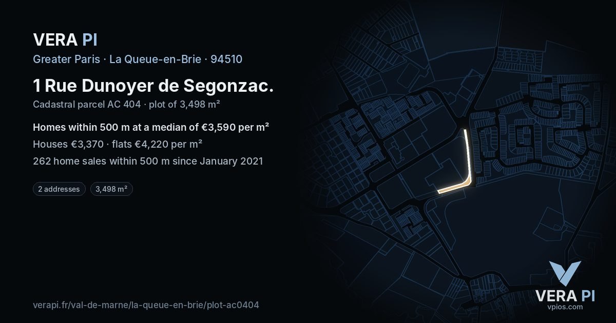 1 Rue Dunoyer de Segonzac, La Queue-en-Brie at night – the plot lit, the parcels around coloured by the prices near them