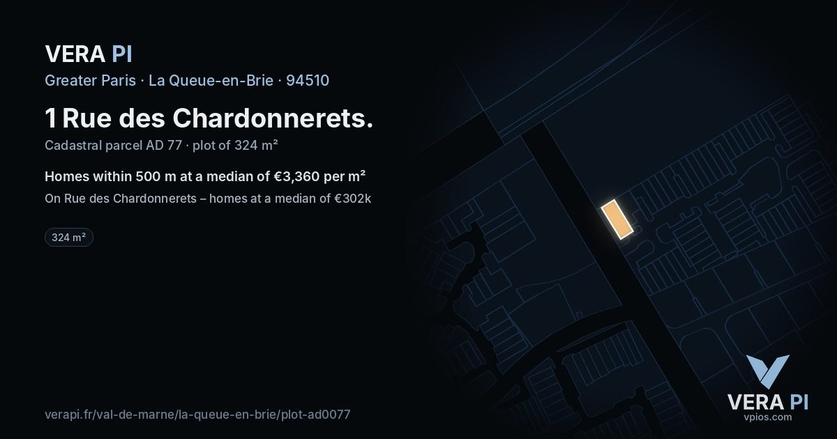 1 Rue des Chardonnerets, La Queue-en-Brie at night – the plot lit, the parcels around coloured by the prices near them