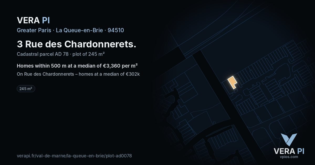 3 Rue des Chardonnerets, La Queue-en-Brie at night – the plot lit, the parcels around coloured by the prices near them