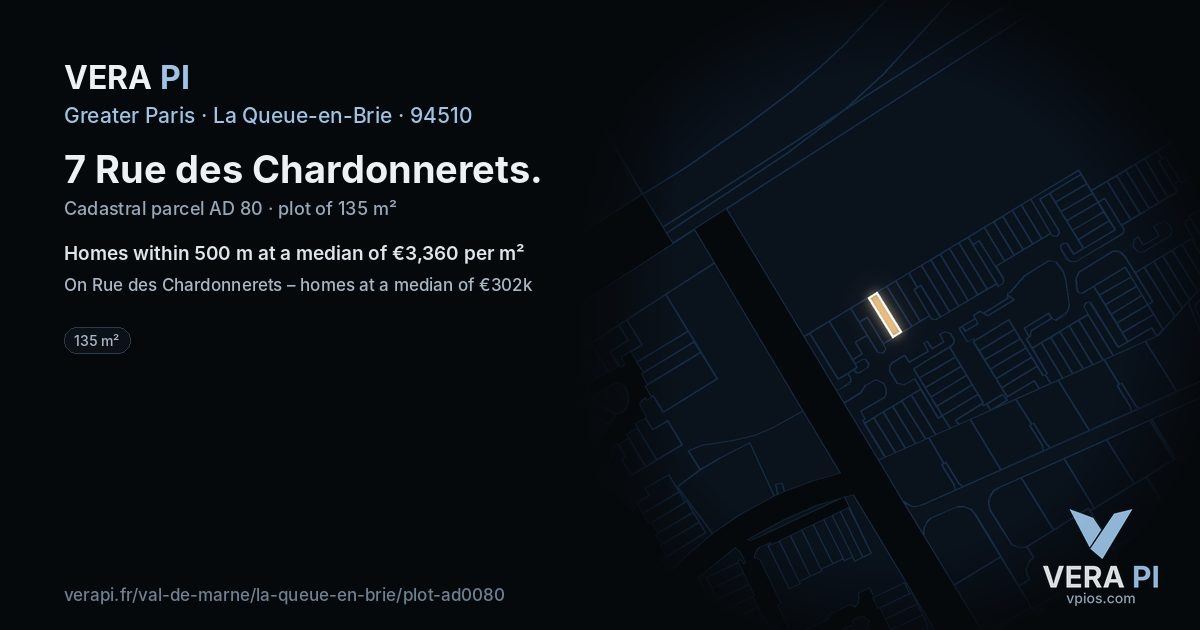 7 Rue des Chardonnerets, La Queue-en-Brie at night – the plot lit, the parcels around coloured by the prices near them