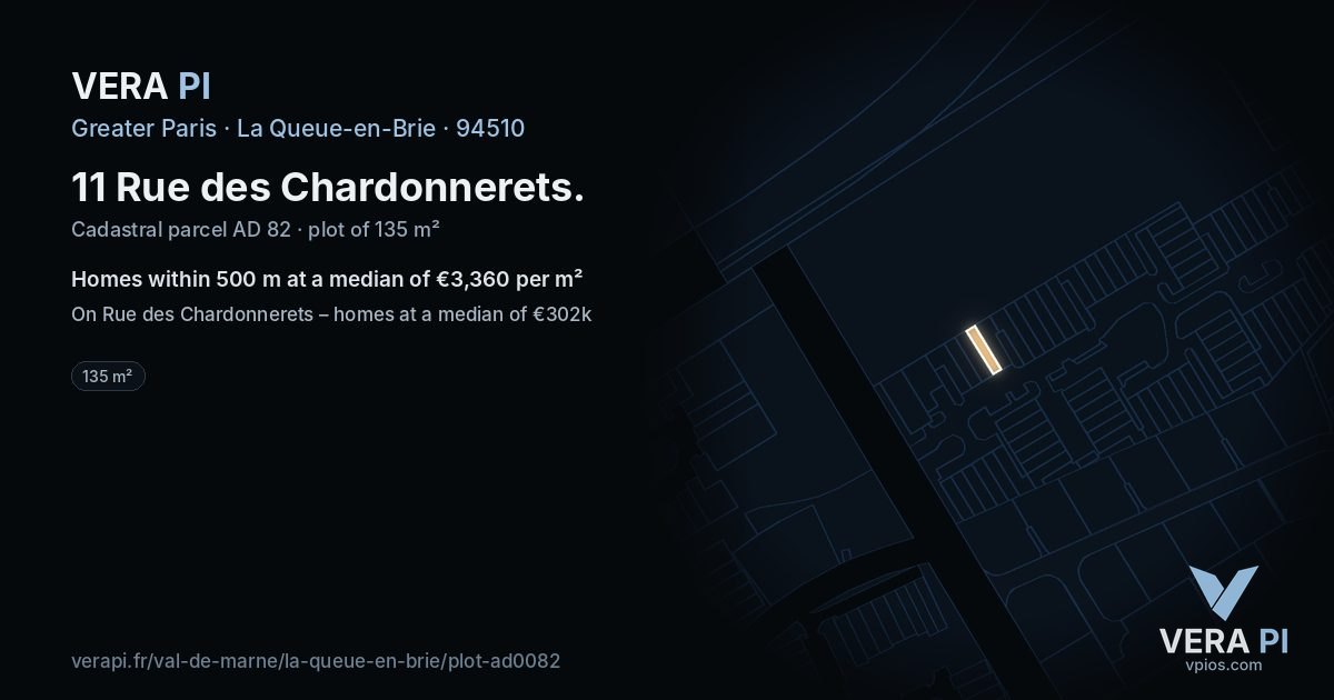 11 Rue des Chardonnerets, La Queue-en-Brie at night – the plot lit, the parcels around coloured by the prices near them