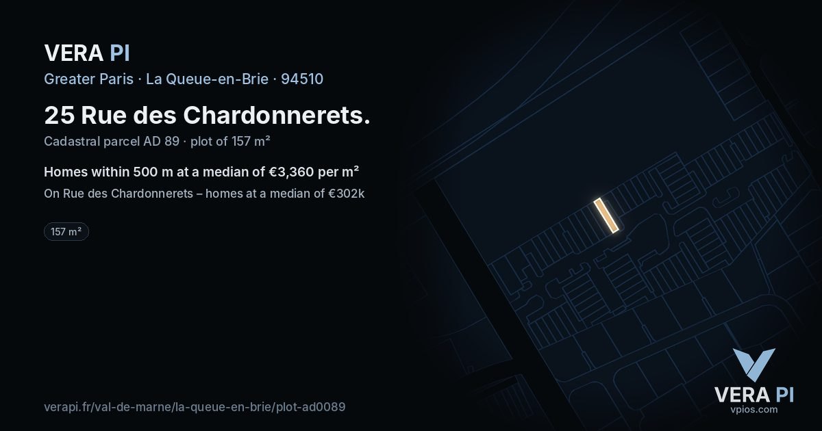 25 Rue des Chardonnerets, La Queue-en-Brie at night – the plot lit, the parcels around coloured by the prices near them