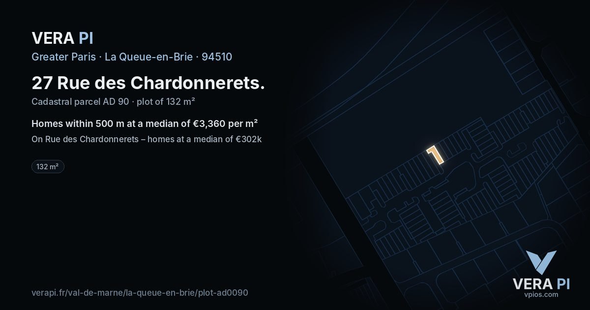 27 Rue des Chardonnerets, La Queue-en-Brie at night – the plot lit, the parcels around coloured by the prices near them