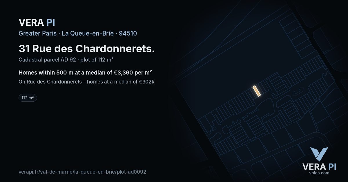 31 Rue des Chardonnerets, La Queue-en-Brie at night – the plot lit, the parcels around coloured by the prices near them