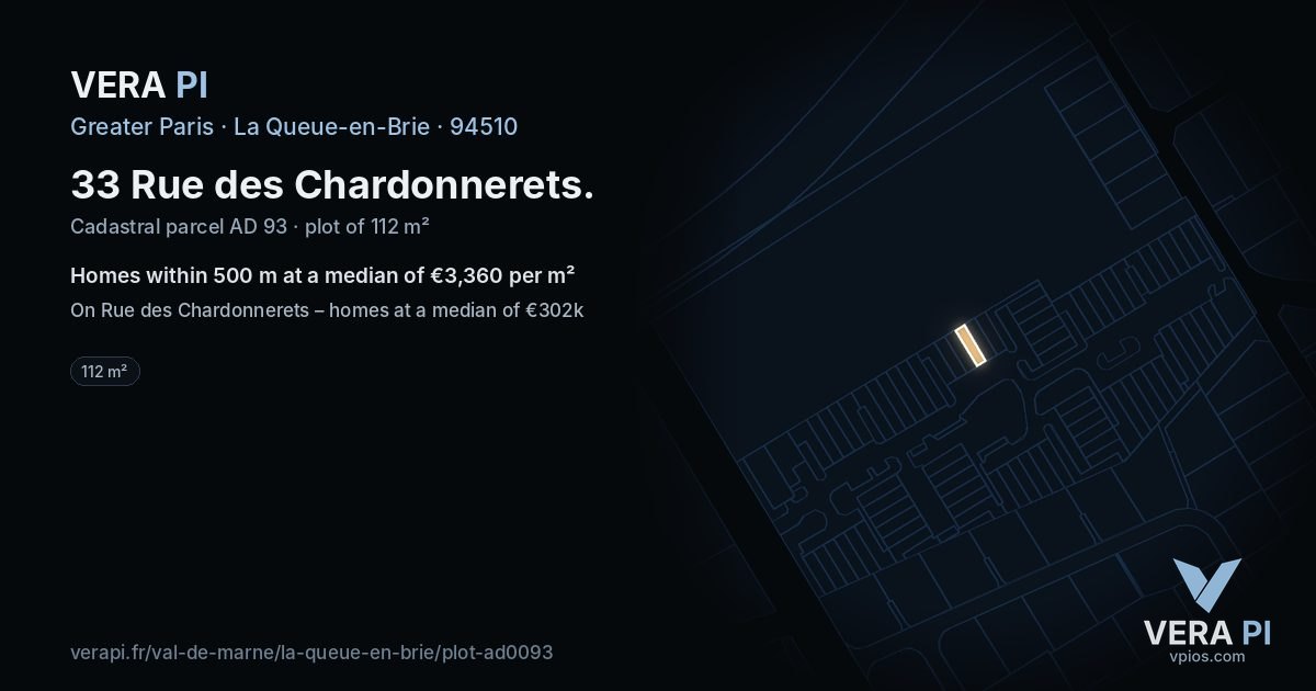 33 Rue des Chardonnerets, La Queue-en-Brie at night – the plot lit, the parcels around coloured by the prices near them