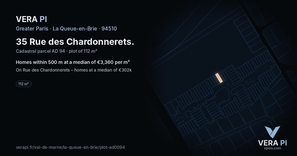 35 Rue des Chardonnerets, La Queue-en-Brie at night – the plot lit, the parcels around coloured by the prices near them