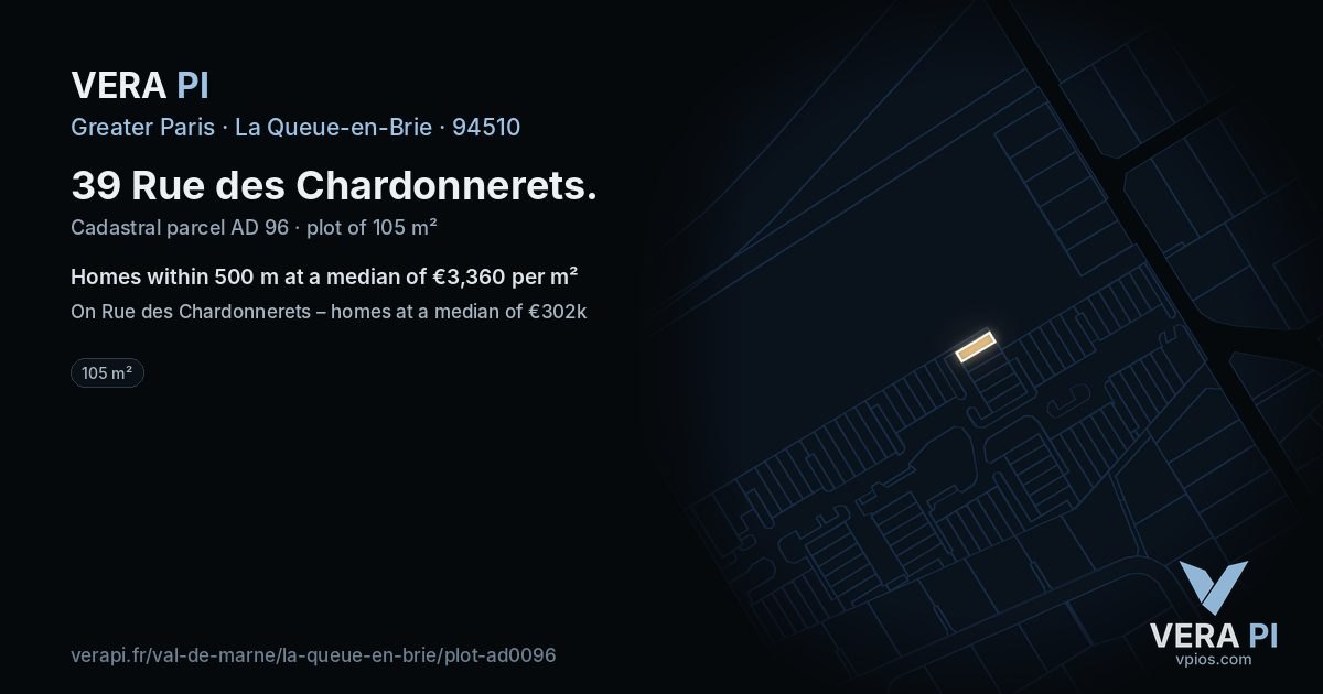 39 Rue des Chardonnerets, La Queue-en-Brie at night – the plot lit, the parcels around coloured by the prices near them
