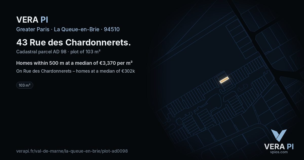 43 Rue des Chardonnerets, La Queue-en-Brie at night – the plot lit, the parcels around coloured by the prices near them