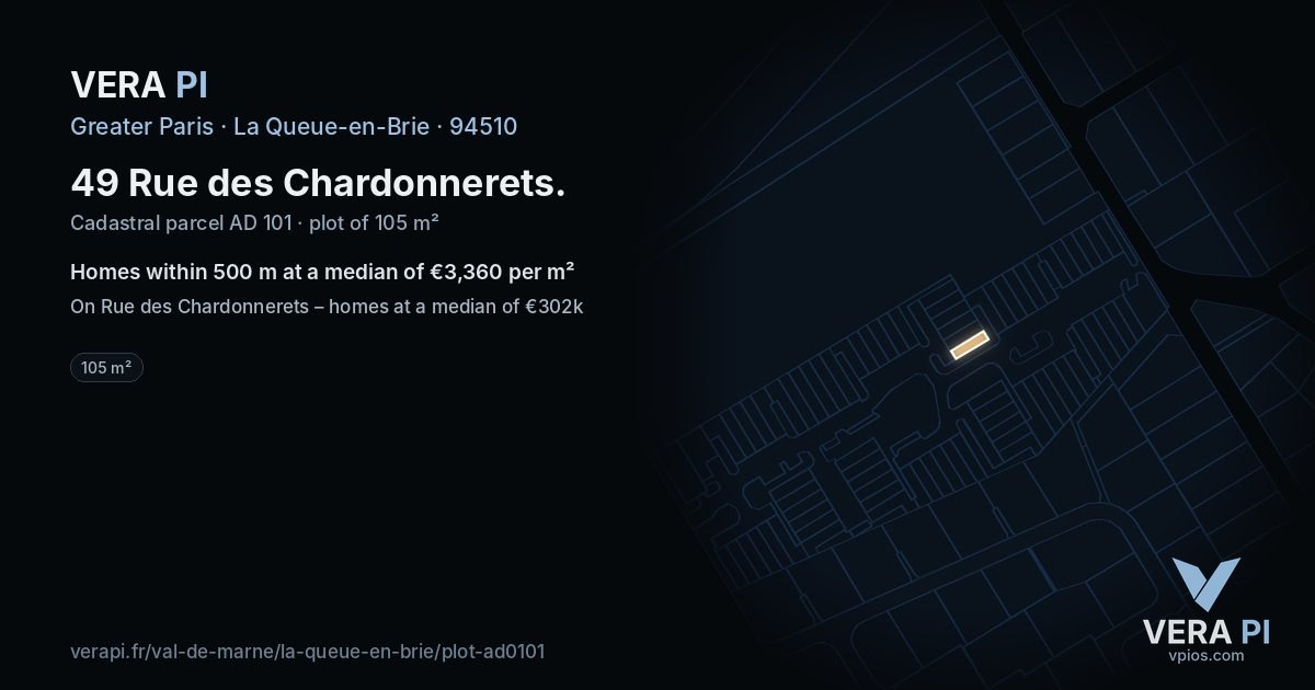 49 Rue des Chardonnerets, La Queue-en-Brie at night – the plot lit, the parcels around coloured by the prices near them