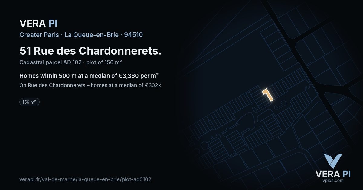 51 Rue des Chardonnerets, La Queue-en-Brie at night – the plot lit, the parcels around coloured by the prices near them
