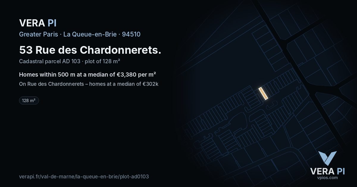 53 Rue des Chardonnerets, La Queue-en-Brie at night – the plot lit, the parcels around coloured by the prices near them