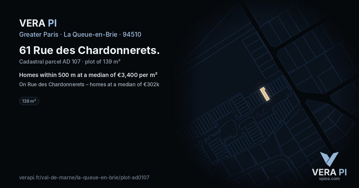 61 Rue des Chardonnerets, La Queue-en-Brie at night – the plot lit, the parcels around coloured by the prices near them