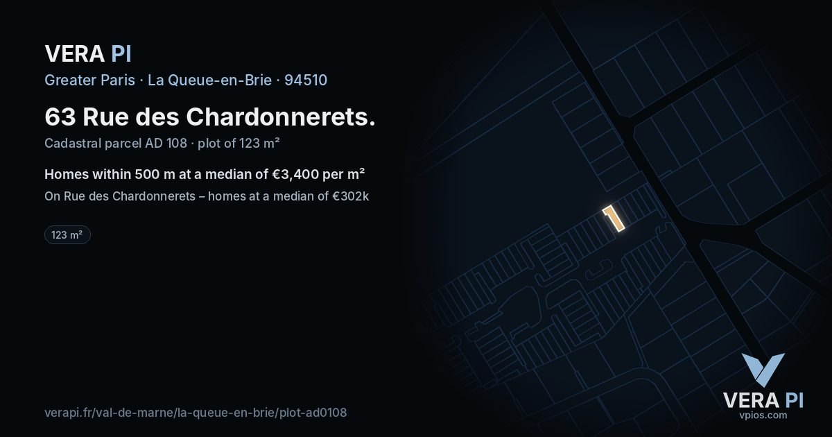 63 Rue des Chardonnerets, La Queue-en-Brie at night – the plot lit, the parcels around coloured by the prices near them