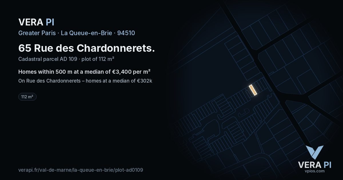 65 Rue des Chardonnerets, La Queue-en-Brie at night – the plot lit, the parcels around coloured by the prices near them