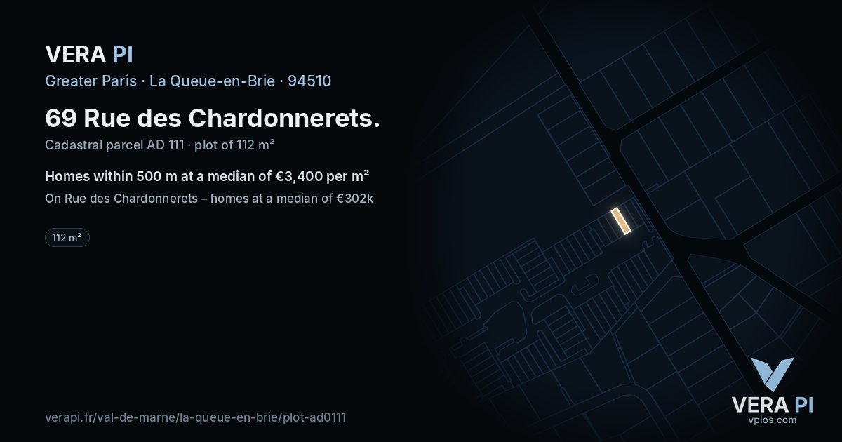 69 Rue des Chardonnerets, La Queue-en-Brie at night – the plot lit, the parcels around coloured by the prices near them