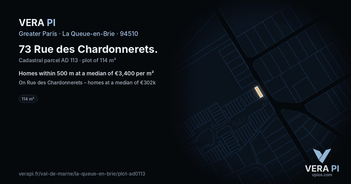 73 Rue des Chardonnerets, La Queue-en-Brie at night – the plot lit, the parcels around coloured by the prices near them