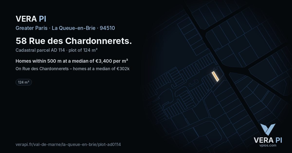 58 Rue des Chardonnerets, La Queue-en-Brie at night – the plot lit, the parcels around coloured by the prices near them