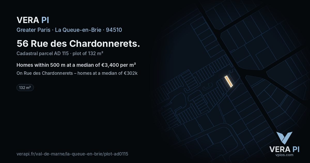 56 Rue des Chardonnerets, La Queue-en-Brie at night – the plot lit, the parcels around coloured by the prices near them