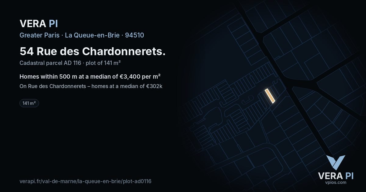 54 Rue des Chardonnerets, La Queue-en-Brie at night – the plot lit, the parcels around coloured by the prices near them