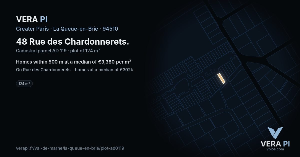 48 Rue des Chardonnerets, La Queue-en-Brie at night – the plot lit, the parcels around coloured by the prices near them