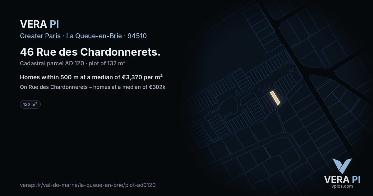 46 Rue des Chardonnerets, La Queue-en-Brie at night – the plot lit, the parcels around coloured by the prices near them