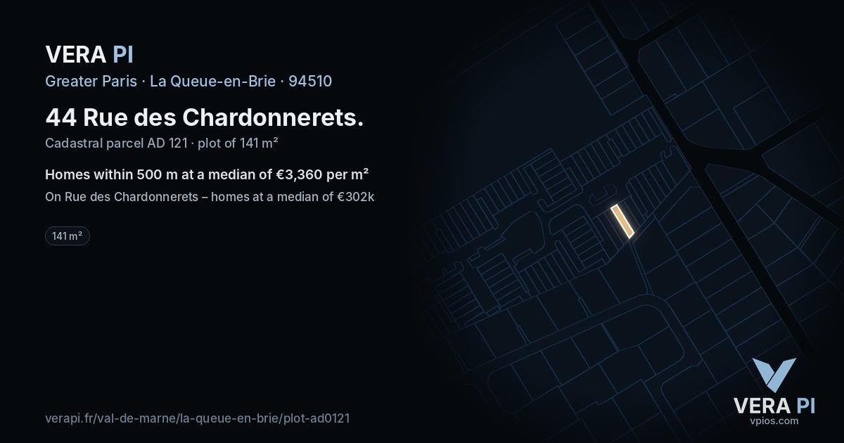 44 Rue des Chardonnerets, La Queue-en-Brie at night – the plot lit, the parcels around coloured by the prices near them