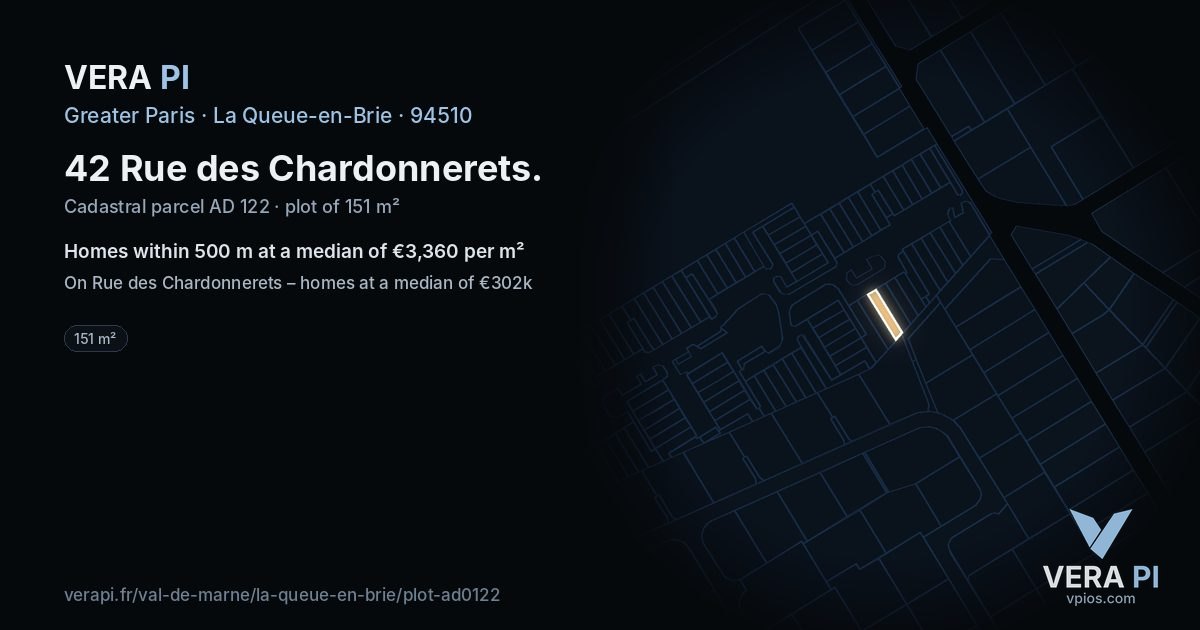 42 Rue des Chardonnerets, La Queue-en-Brie at night – the plot lit, the parcels around coloured by the prices near them