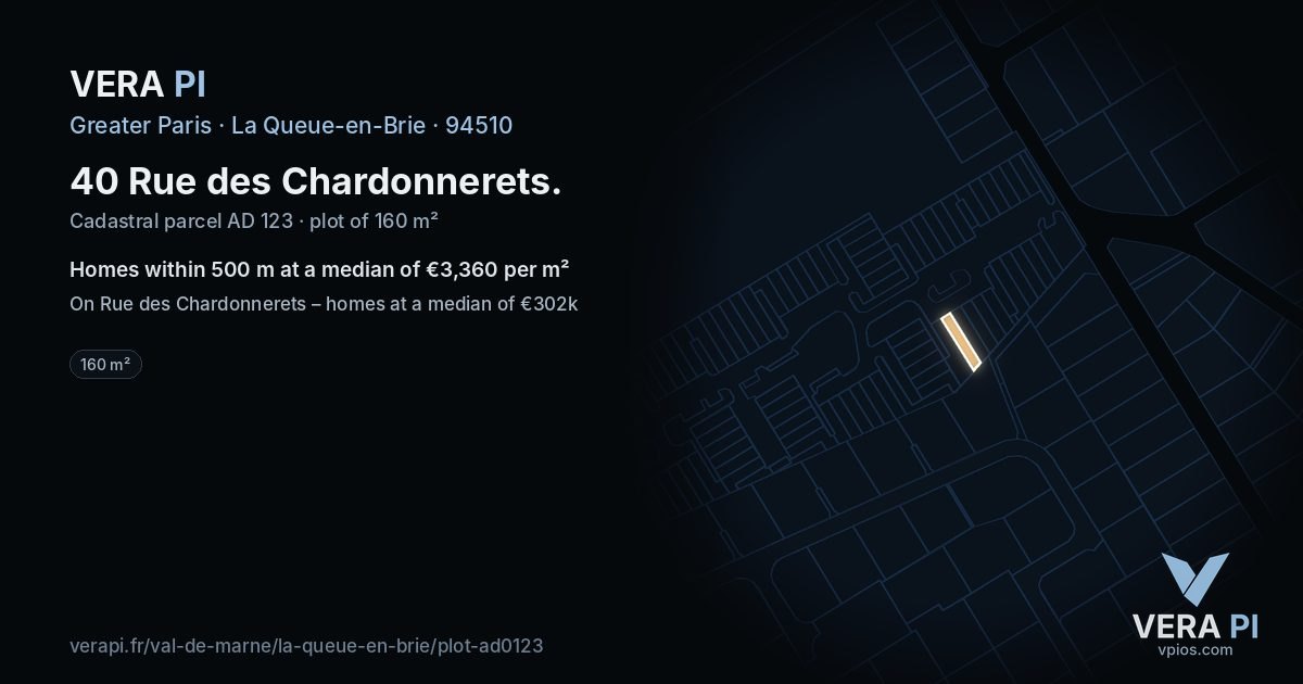 40 Rue des Chardonnerets, La Queue-en-Brie at night – the plot lit, the parcels around coloured by the prices near them