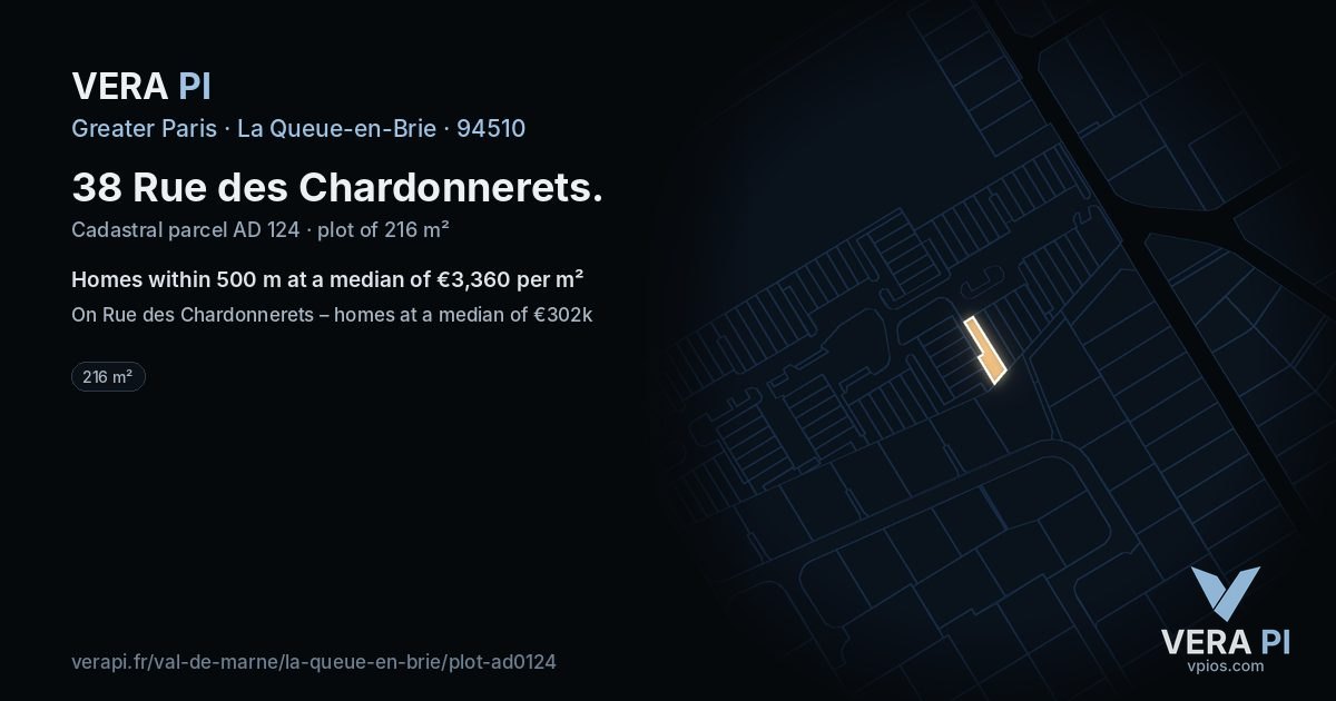 38 Rue des Chardonnerets, La Queue-en-Brie at night – the plot lit, the parcels around coloured by the prices near them