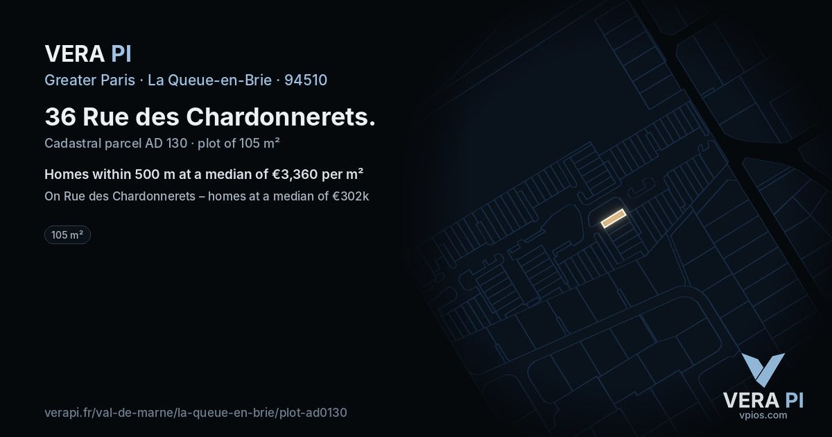 36 Rue des Chardonnerets, La Queue-en-Brie at night – the plot lit, the parcels around coloured by the prices near them