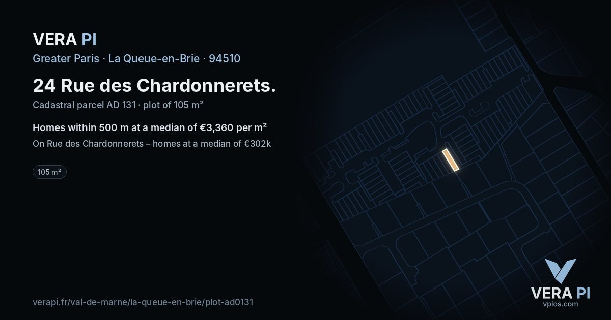 24 Rue des Chardonnerets, La Queue-en-Brie at night – the plot lit, the parcels around coloured by the prices near them