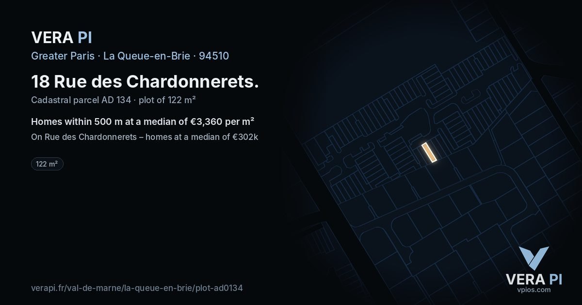 18 Rue des Chardonnerets, La Queue-en-Brie at night – the plot lit, the parcels around coloured by the prices near them