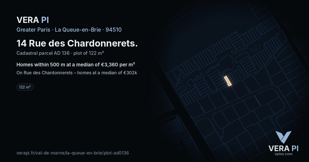 14 Rue des Chardonnerets, La Queue-en-Brie at night – the plot lit, the parcels around coloured by the prices near them