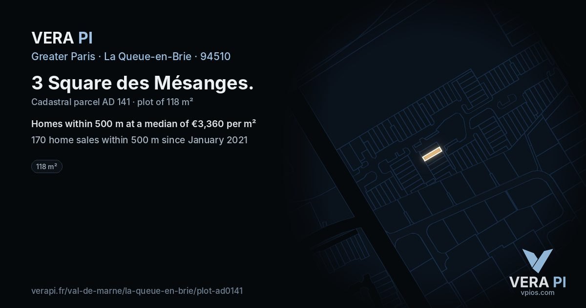 3 Square des Mésanges, La Queue-en-Brie at night – the plot lit, the parcels around coloured by the prices near them