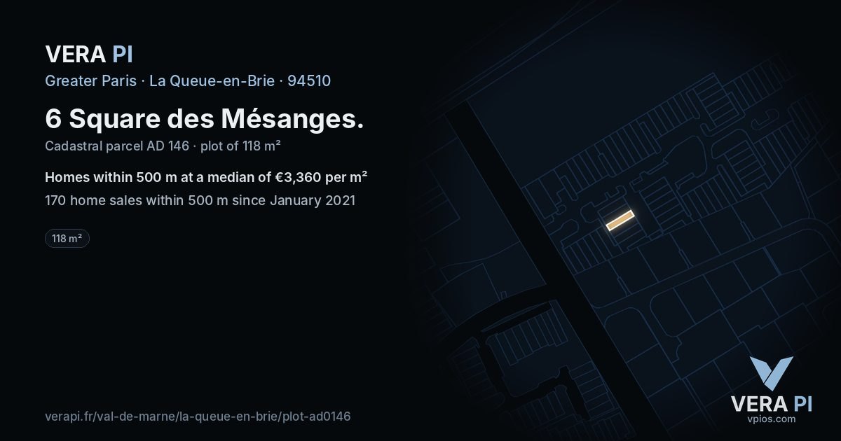 6 Square des Mésanges, La Queue-en-Brie at night – the plot lit, the parcels around coloured by the prices near them