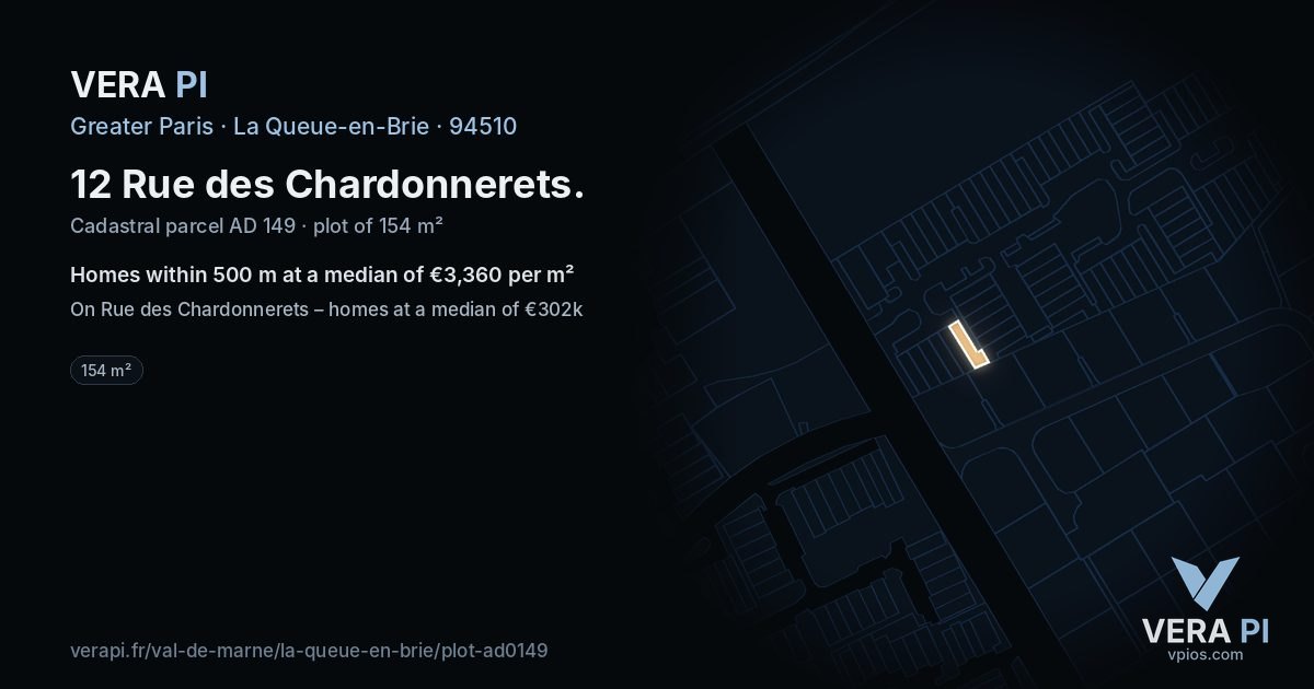 12 Rue des Chardonnerets, La Queue-en-Brie at night – the plot lit, the parcels around coloured by the prices near them