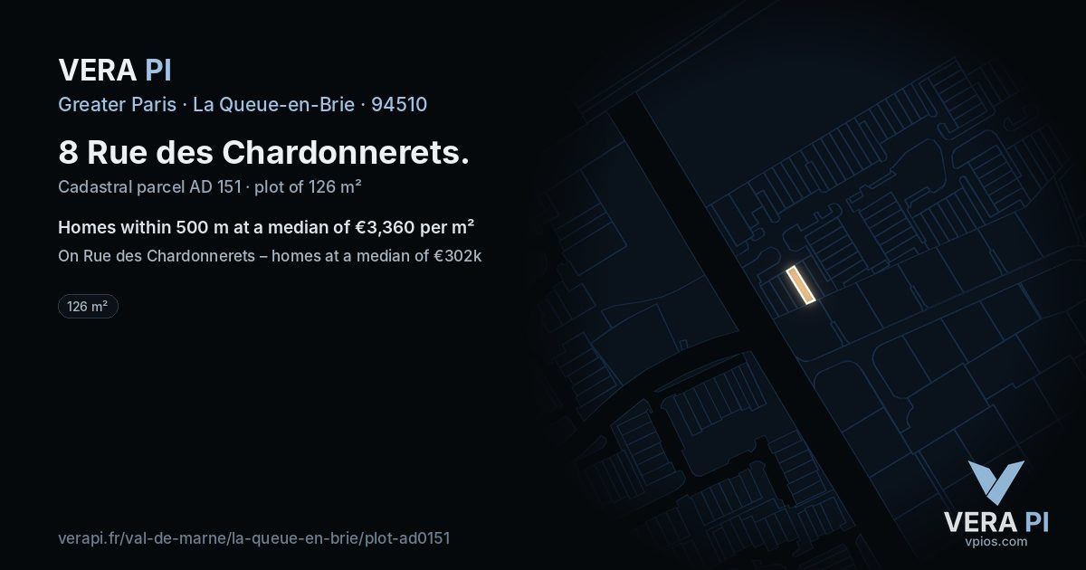 8 Rue des Chardonnerets, La Queue-en-Brie at night – the plot lit, the parcels around coloured by the prices near them
