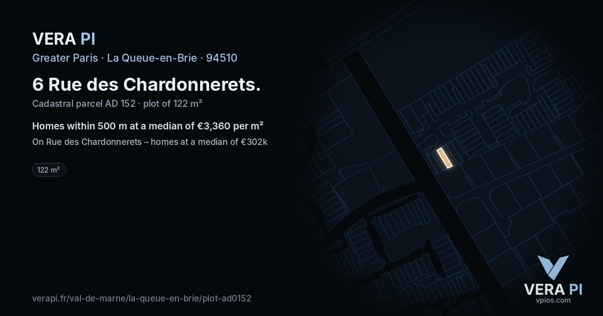 6 Rue des Chardonnerets, La Queue-en-Brie at night – the plot lit, the parcels around coloured by the prices near them