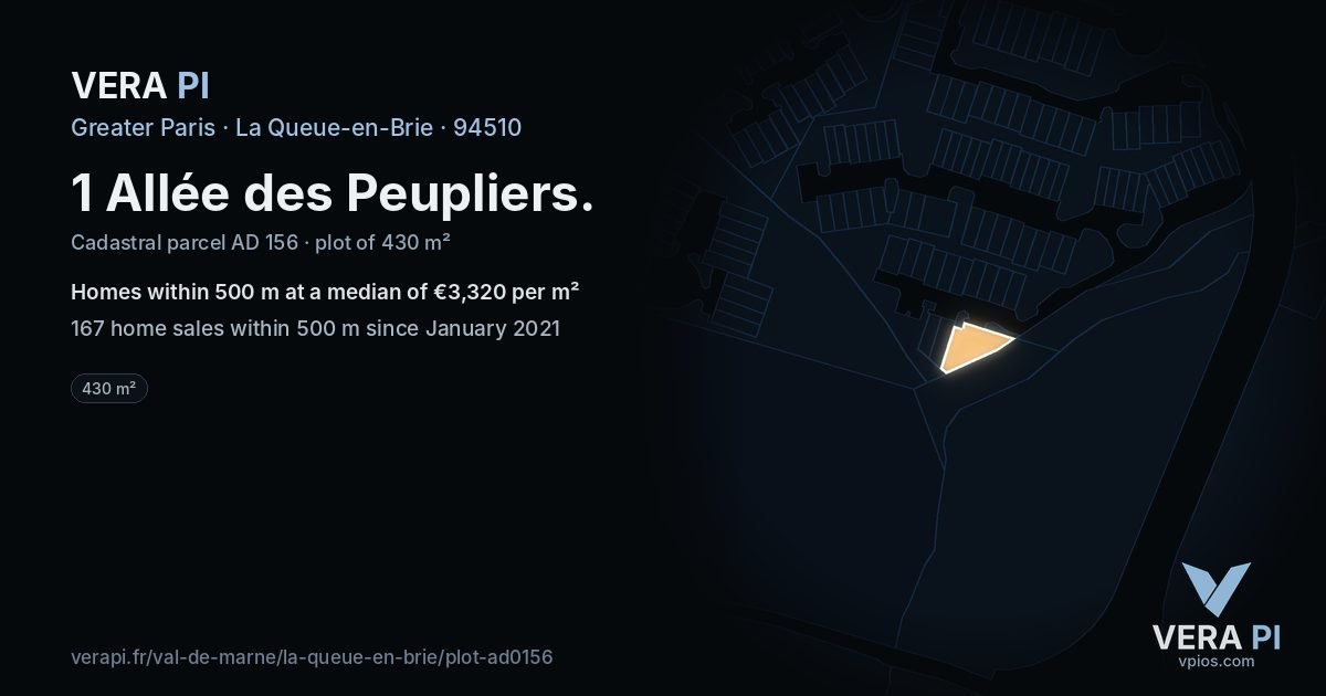1 Allée des Peupliers, La Queue-en-Brie at night – the plot lit, the parcels around coloured by the prices near them