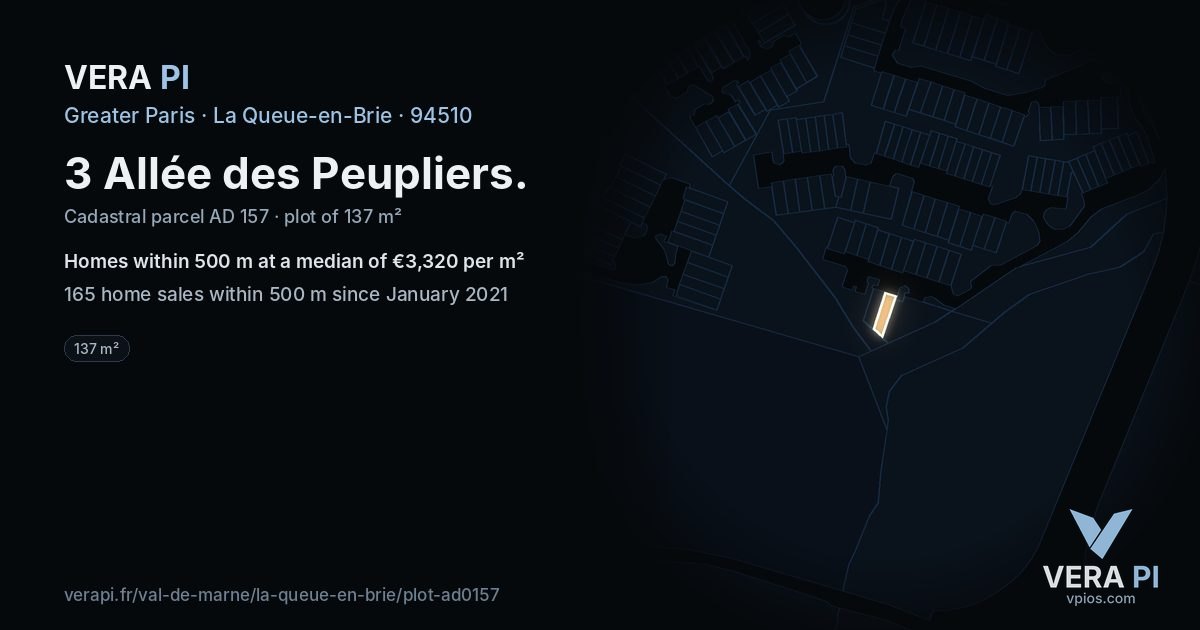 3 Allée des Peupliers, La Queue-en-Brie at night – the plot lit, the parcels around coloured by the prices near them