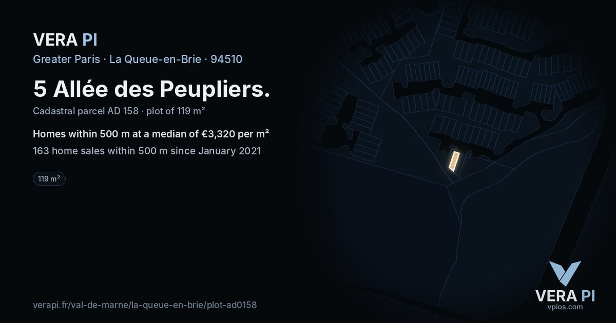 5 Allée des Peupliers, La Queue-en-Brie at night – the plot lit, the parcels around coloured by the prices near them