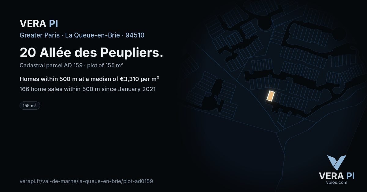 20 Allée des Peupliers, La Queue-en-Brie at night – the plot lit, the parcels around coloured by the prices near them