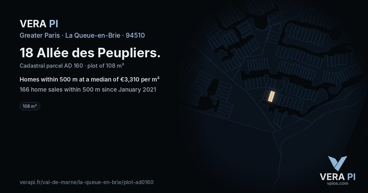 18 Allée des Peupliers, La Queue-en-Brie at night – the plot lit, the parcels around coloured by the prices near them