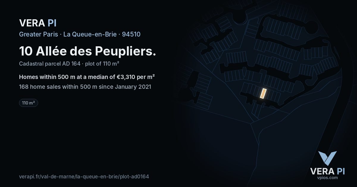 10 Allée des Peupliers, La Queue-en-Brie at night – the plot lit, the parcels around coloured by the prices near them